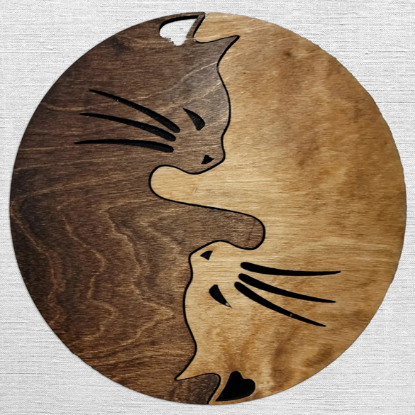 Cat couple ying yang stained dark and light wall hanging