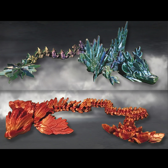 Red and green/blue 3D printed articulated dragons.