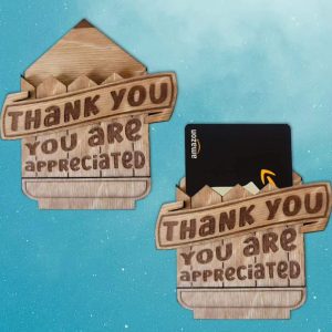 Wood gift card holder in the shape of a pencil with 'thank you you are appreciated' text